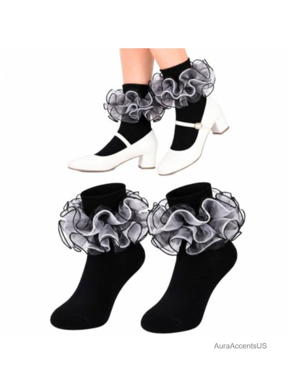 Women Ruffle Socks 4-Layer Organza Lace Big Frilly Ankle Dress Socks